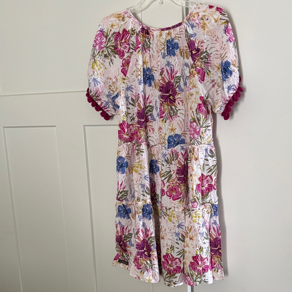 Matilda Jane Pink, Blue & Green Floral Cotton Tiered Dress with Pom Trim - Picture 4 of 4